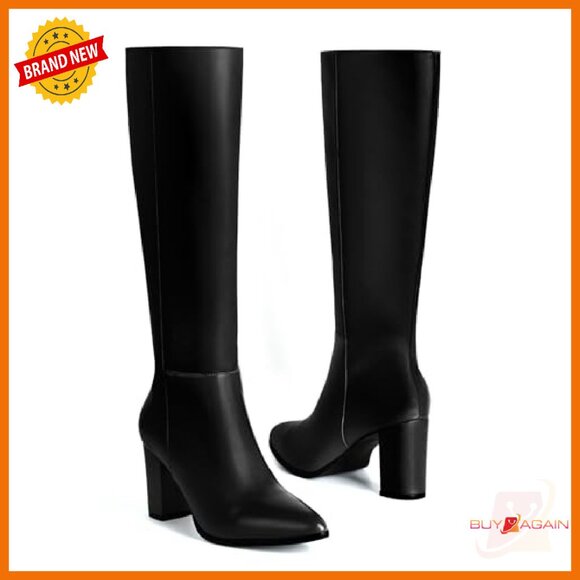 Knee High Boots Pointed Toe Chunky Heel Side Zipper Fall Winter - Picture 3 of 8